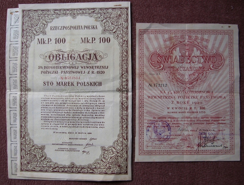 OBLIGACJA 5% POŻYCZKA PAŃSTWOWA - 100 MP - 1920 r.