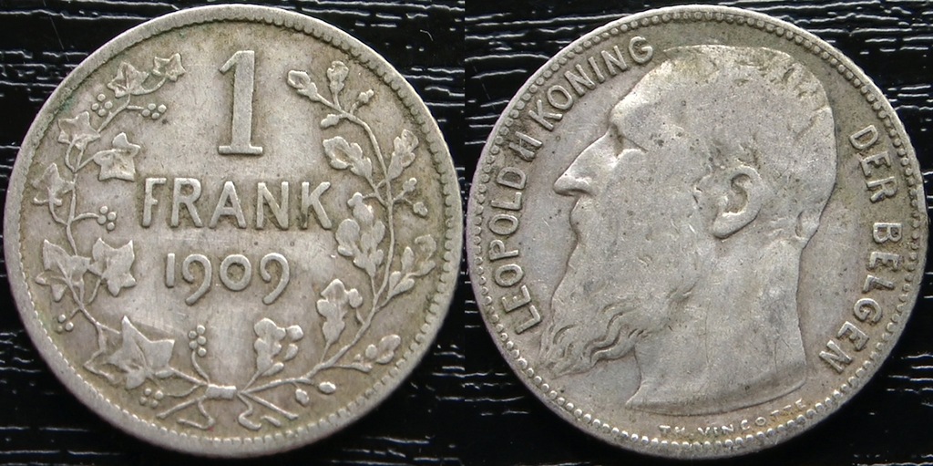 BELGIA 1 FRANK 1909 DER - srebro