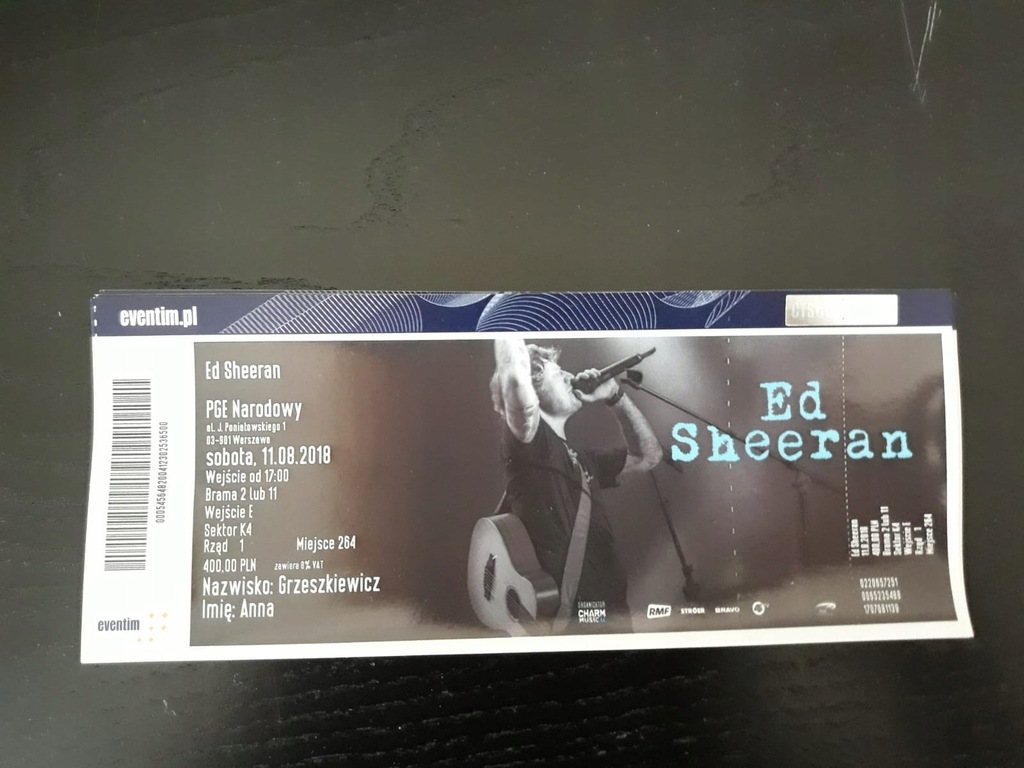 BILET ED SHEERAN 11.08. WARSZAWA MOŻLIWA ZM. DAN.