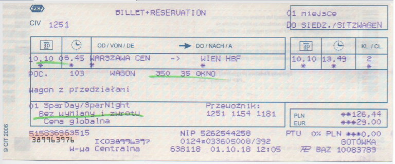 Bilet PKP Warszawa-Wiedeń na 10.10.2018