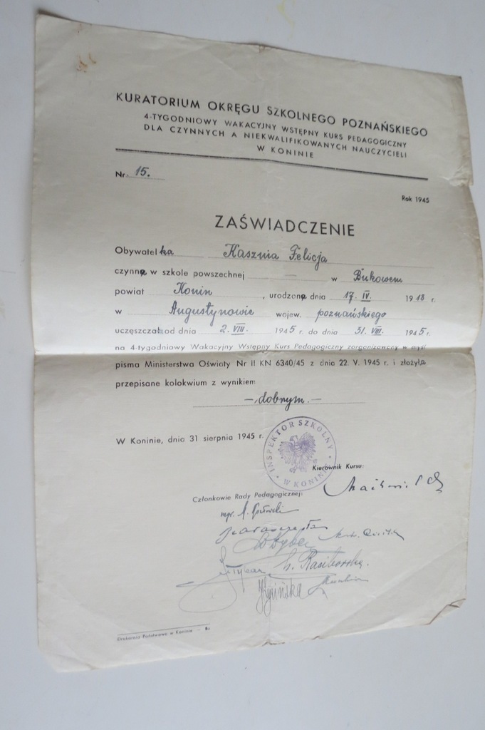 Zaświadczenie Kurs Pedagogiczny  Konin 1945