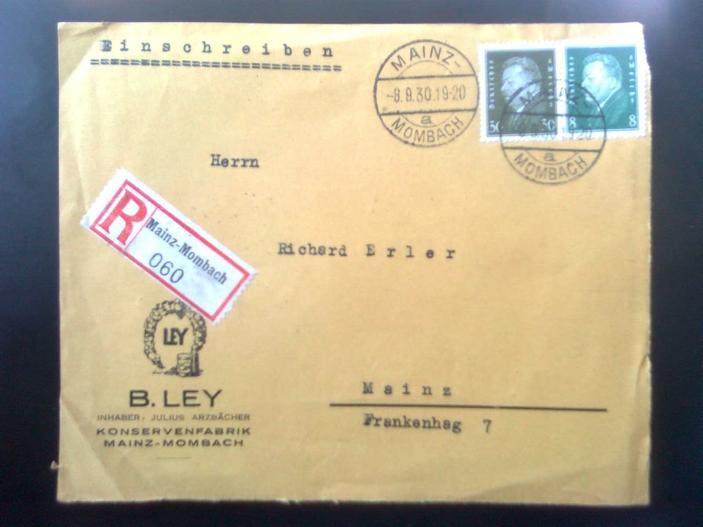 Niemiecki List polecony 1930r. Hainz Mombach
