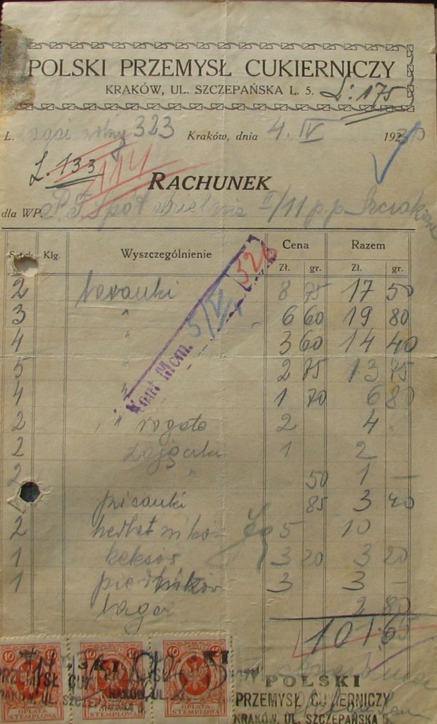 POLSKI PRZEMYSŁ CUKIERNICZY .RACHUNEK,1930 POLSKI 