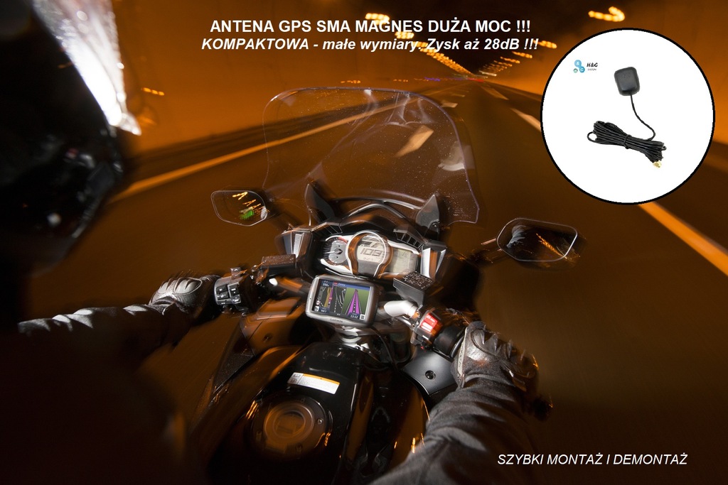 ANTENA GPS MOTOCYKL/ATV MOCNA ZYSK 28dB! MAGNES 3m