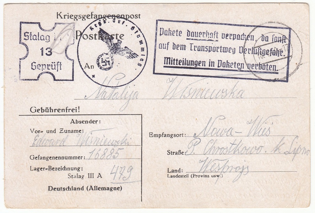 Stalag IIIA Luckenwalde kartka 1940 (308)