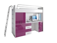 Łóżko piętrowe RAJ 4D - biurko + szafa + drabinka - fronty fioletowy połysk