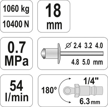 YATO YT 36171 ПНЕВМАТИЧЕСКИЙ ЗАКЛЕПОЧНИК 2,4–5,0 мм