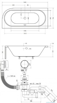 Besco Avita левая ванна 170x75 + КОРПУС + ЧЕРНЫЙ СИФОН