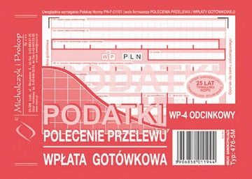 Polecenie przelewu wpłata gotówkowa PODATKI O+3K bloczek 80 kart A6 476-5M