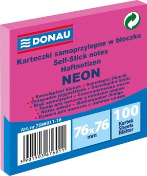 KARTECZKI SAMOPRZYLEPNE W BLOCZKU 76x76mm, 100 KARTEK, RÓŻOWE NEONOWE