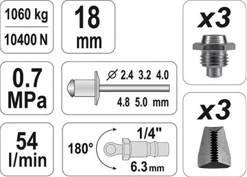 ПНЕВМАТИЧЕСКИЙ ЗАКЛЕПОЧНИК YATO 2,4-5 /1060 кг YT-36171