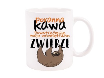 KUBEK ZE ŚMIESZNYM NADRUKIEM Biały Kubek 330 ml na KAWĘ Leniwiec