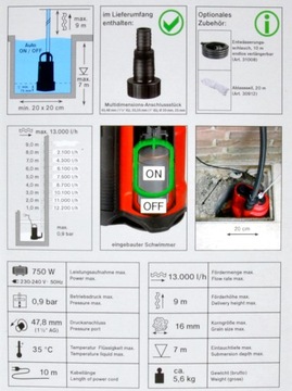 POMPA DO WODY ZE ZINTEGROWANYM PŁYWAKIEM 13 000l/h