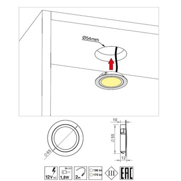 Kpl 2x ROUND LED 1,8W 12V oczko sufitowe+zasilacz