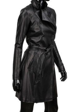 Dvojradový čierny Dámsky kožený kabát zviazaný v páse DORJAN WIA450 XXL