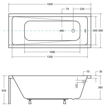 СОВРЕМЕННАЯ ВАННА PMD BESCO 150x70 КОРПУС СИФОННЫХ НОЖЕК