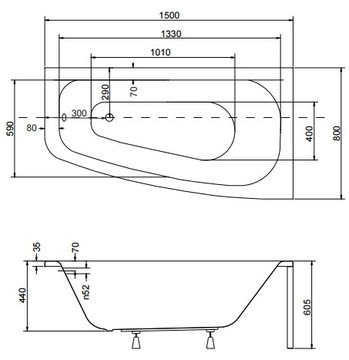 Асимметричная ванна 150х80 правая + КОРПУС + СИФОН