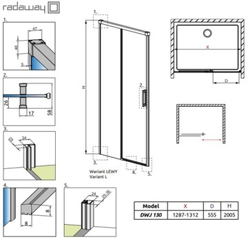 RADAWAY Idea DWJ 130 двери Стекло левое прозрачное