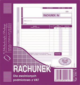 Rachunek dla zwolnionych podmiotowo z VAT O+1K 80 kartek 2/3A5 230-4