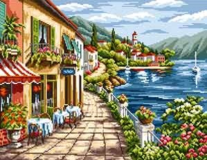 Kanwa z nadrukiem do haftu krzyżykowego 30x40 cm nad brzegiem jeziora 8028