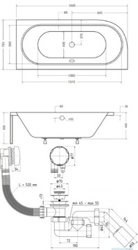 Besco Avita левая ванна 170x75 + КОРПУС + СИФОН