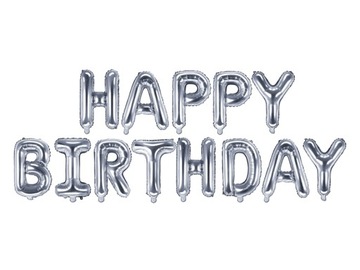 Balon foliowy Happy Birthday, 340x35cm, srebrny