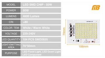 LED COB MODULE 50Вт SMD2835 теплый белый 230В