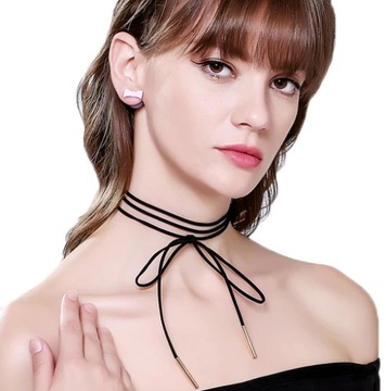 NASZYJNIK RZEMYK CHOKER CZARNY TASIEMKA BOHO STYLE