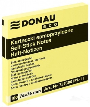 Karteczki samoprzylepne bloczek notes 76x76 Donau żółte kartki