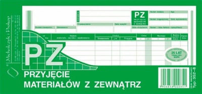 PZ Przyjęcie materiałów z zewnątrz wielokopia bloczek 80 kartek 1/3A4 352-8