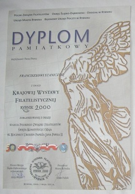 DYPLOM KRAJOWA WYSTAWA FILATELISTYCZNA RYBNIK 2000
