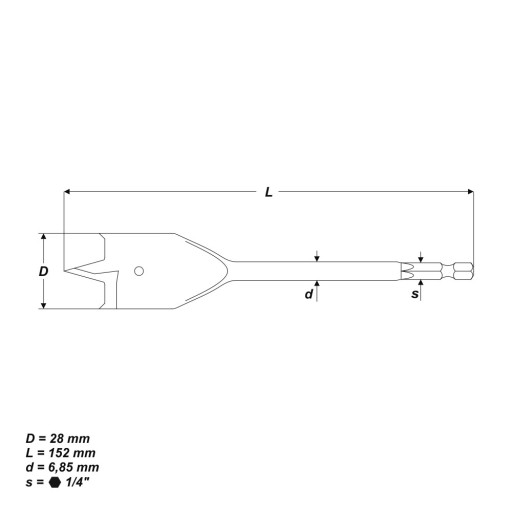 Лопаточное сверло по дереву, 28 x 152 мм.