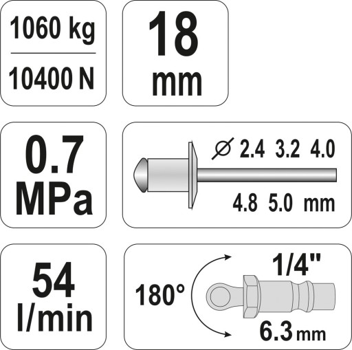 YATO YT 36171 ПНЕВМАТИЧЕСКИЙ ЗАКЛЕПОЧНИК 2,4–5,0 мм