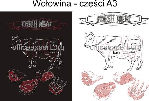 ПОСТЕР МЯСНОЙ НАРЕЗКИ - Говяжьи части, части коровы в мясной рамке А3