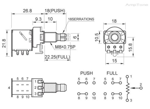 Potencjometr Partsland 250k/A log push-pull