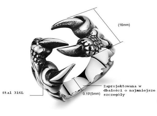 OBRĄCZKA SYGNET PAZUR PAZURY STAL 316L r.20