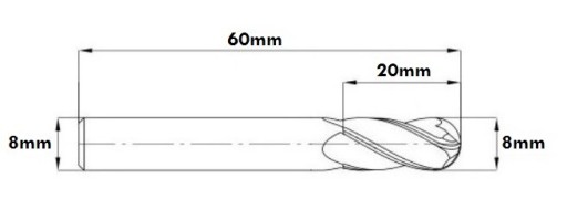 ТВЕРДОСПЛАВНАЯ ФРЕЗА 8x20x8x60 мм 45 футов 2F HRC45