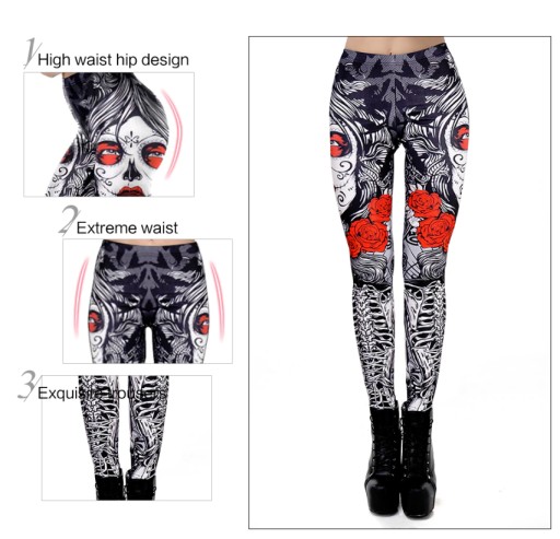 WYSZCZUPLAJĄCE LEGGINSY 3D Róża czaszka S