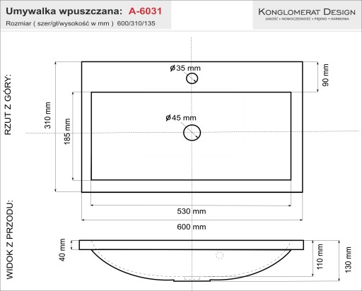 Маленькая узкая умывальник 60х31 Alte 60 Белый Встраиваемый