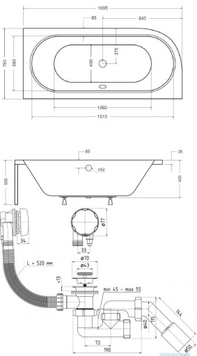 Besco Avita правая ванна 170x75 + КОРПУС + СИФОН