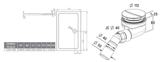 RADAWAY ДУШЕВОЙ ПОДДОН ПРОСТОК ДОРОС ПЛЮС Д 120x100+СИФОН