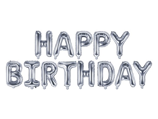 Balon foliowy Happy Birthday, 340x35cm, srebrny