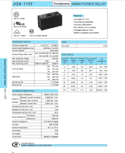 Реле HF115F 012-2ZS4A 12В 16А 2x8А 250В JQX