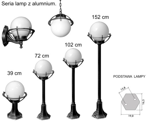 Lampa ogrodowa, parkowa wys. 39 cm, kula fi 20 lampa z aluminium