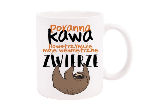 KUBEK ZE ŚMIESZNYM NADRUKIEM Biały Kubek 330 ml na KAWĘ Leniwiec