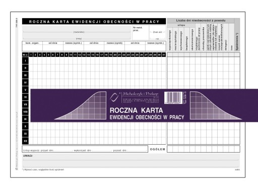 508-3 Roczna Karta Ewidencji Obecności W Pracy 50K