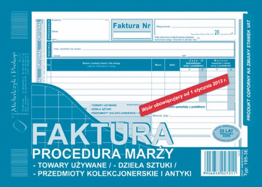 Faktura procedura marży towary używane oryginał + 1 kopia 80 kart A5 195-3E