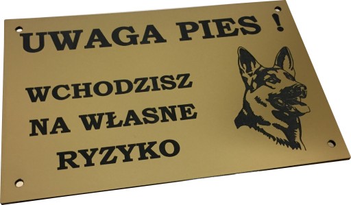 TABLICZKA UWAGA PIES złota zewnętrzna grawer 20x15