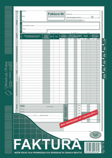 Faktura wzór pełny w cenach brutto oryginał + 1 kopia 80 kartek A4 141-1E