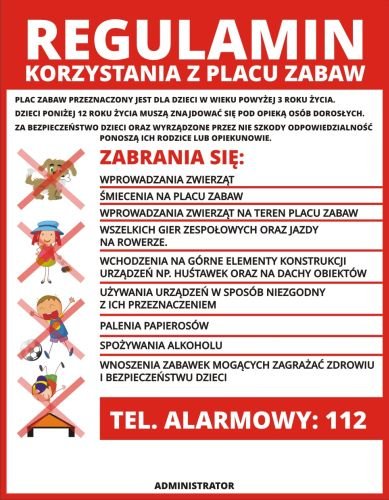 TABLICA INFORMACYJNA - REGULAMIN PLACU ZABAW 45X35 12661230652 - Allegro.pl